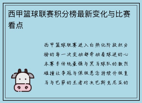 西甲篮球联赛积分榜最新变化与比赛看点
