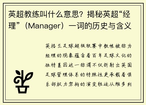 英超教练叫什么意思？揭秘英超“经理”（Manager）一词的历史与含义