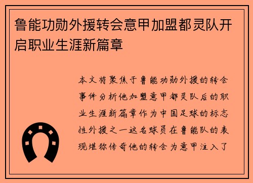 鲁能功勋外援转会意甲加盟都灵队开启职业生涯新篇章